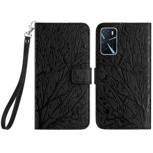 For OPPO A16 Tree Birds Embossed Pattern Leather Phone Case(Black)