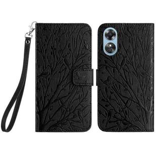 For OPPO A17 Tree Birds Embossed Pattern Leather Phone Case(Black)