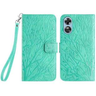 For OPPO A17 Tree Birds Embossed Pattern Leather Phone Case(Green)