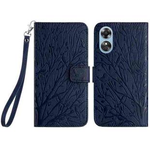 For OPPO A17 Tree Birds Embossed Pattern Leather Phone Case(Blue)