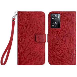 For OPPO A57 4G 2022 Tree Birds Embossed Pattern Leather Phone Case(Red)