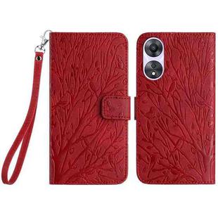 For OPPO A58 / A78 Tree Birds Embossed Pattern Leather Phone Case(Red)