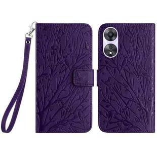 For OPPO A58 / A78 Tree Birds Embossed Pattern Leather Phone Case(Purple)