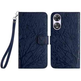 For OPPO A58 / A78 Tree Birds Embossed Pattern Leather Phone Case(Blue)