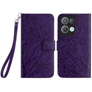 For OPPO Reno8 Pro Tree Birds Embossed Pattern Leather Phone Case(Purple)