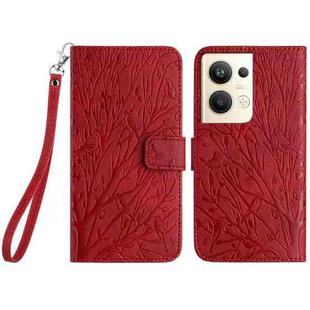 For OPPO Reno9 Pro+ Tree Birds Embossed Pattern Leather Phone Case(Red)