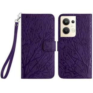 For OPPO Reno9 Pro+ Tree Birds Embossed Pattern Leather Phone Case(Purple)