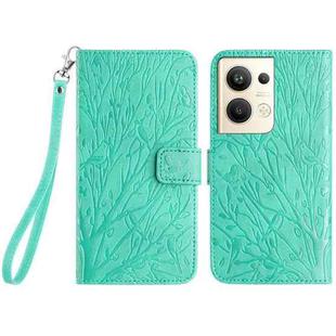 For OPPO Reno9 Pro+ Tree Birds Embossed Pattern Leather Phone Case(Green)