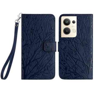 For OPPO Reno9 Pro+ Tree Birds Embossed Pattern Leather Phone Case(Blue)