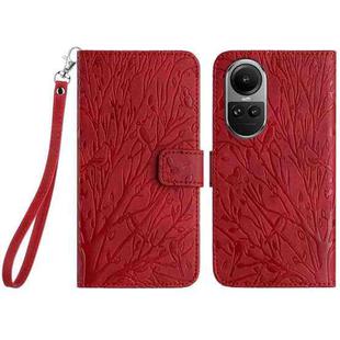 For OPPO Reno10 Global Tree Birds Embossed Pattern Leather Phone Case(Red)