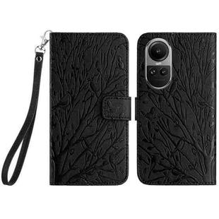 For OPPO Reno10 Global Tree Birds Embossed Pattern Leather Phone Case(Black)