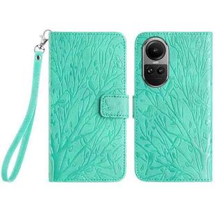 For OPPO Reno10 Pro Global Tree Birds Embossed Pattern Leather Phone Case(Green)