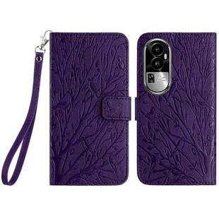 For OPPO Reno10 Pro+ Tree Birds Embossed Pattern Leather Phone Case(Purple)