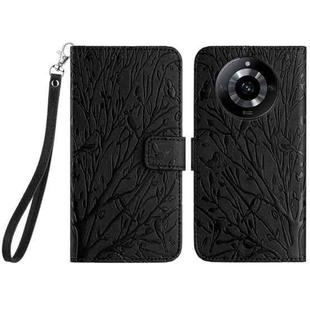 For Realme 11 4G Tree Birds Embossed Pattern Leather Phone Case(Black)