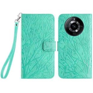 For Realme 11 4G Tree Birds Embossed Pattern Leather Phone Case(Green)
