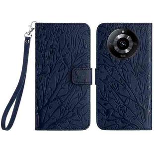 For Realme 11 4G Tree Birds Embossed Pattern Leather Phone Case(Blue)