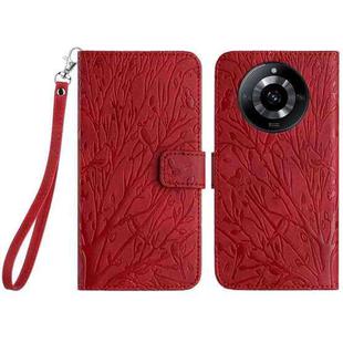 For Realme 11 Pro Tree Birds Embossed Pattern Leather Phone Case(Red)