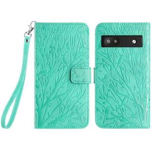 For Google Pixel 6a Tree Birds Embossed Pattern Leather Phone Case(Green)