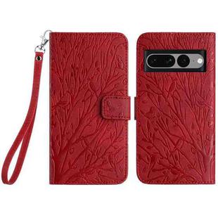 For Google Pixel 7 Pro Tree Birds Embossed Pattern Leather Phone Case(Red)