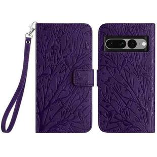 For Google Pixel 7 Pro Tree Birds Embossed Pattern Leather Phone Case(Purple)