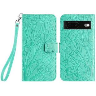 For Google Pixel 7 Tree Birds Embossed Pattern Leather Phone Case(Green)