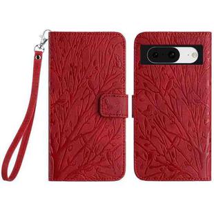 For Google Pixel 8 Tree Birds Embossed Pattern Leather Phone Case(Red)