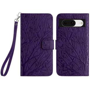 For Google Pixel 8 Tree Birds Embossed Pattern Leather Phone Case(Purple)