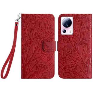 For Xiaomi 13 Lite Tree Birds Embossed Pattern Leather Phone Case(Red)