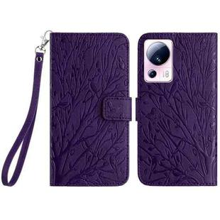 For Xiaomi 13 Lite Tree Birds Embossed Pattern Leather Phone Case(Purple)