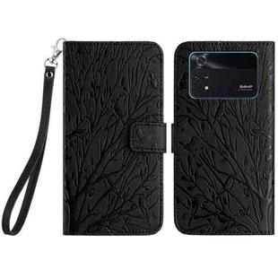 For Xiaomi Poco M4 Pro 4G Tree Birds Embossed Pattern Leather Phone Case(Black)