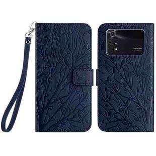 For Xiaomi Poco M4 Pro 4G Tree Birds Embossed Pattern Leather Phone Case(Blue)