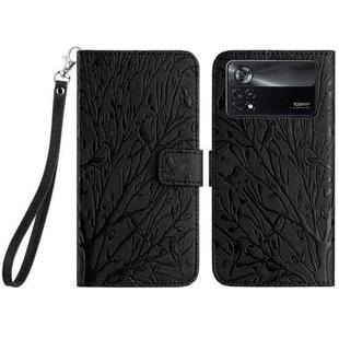 For Xiaomi Poco X4 Pro 5G Tree Birds Embossed Pattern Leather Phone Case(Black)