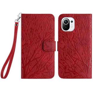 For Xiaomi 11 Lite Tree Birds Embossed Pattern Leather Phone Case(Red)