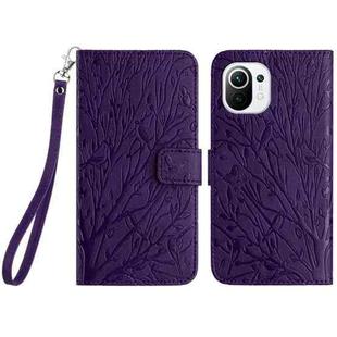 For Xiaomi 11 Lite Tree Birds Embossed Pattern Leather Phone Case(Purple)