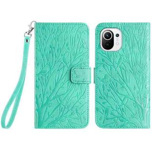 For Xiaomi 11 Lite Tree Birds Embossed Pattern Leather Phone Case(Green)