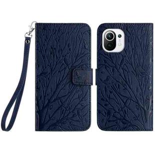 For Xiaomi 11 Lite Tree Birds Embossed Pattern Leather Phone Case(Blue)