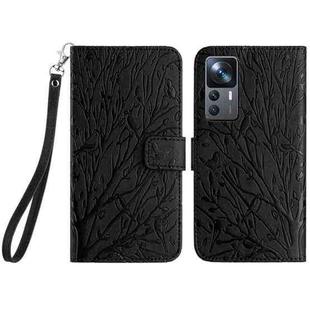 For Xiaomi 12T Tree Birds Embossed Pattern Leather Phone Case(Black)