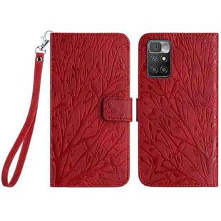 For Xiaomi Redmi 10 Tree Birds Embossed Pattern Leather Phone Case(Red)