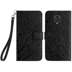 For Xiaomi Redmi Note 9S Tree Birds Embossed Pattern Leather Phone Case(Black)