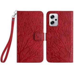 For Xiaomi Redmi Note 11T Pro Tree Birds Embossed Pattern Leather Phone Case(Red)