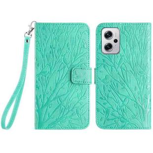 For Xiaomi Redmi Note 11T Pro Tree Birds Embossed Pattern Leather Phone Case(Green)
