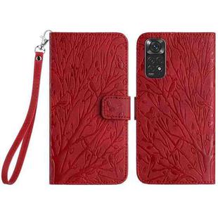 For Xiaomi Redmi Note 11S Tree Birds Embossed Pattern Leather Phone Case(Red)