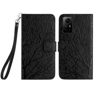 For Xiaomi Redmi Note 12S Tree Birds Embossed Pattern Leather Phone Case(Black)