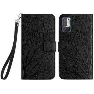 For Xiaomi Redmi Note 10 5G Tree Birds Embossed Pattern Leather Phone Case(Black)
