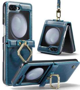 For Samsung Galaxy Z Flip5 CaseMe 003 PU + PC Business Style Crazy Horse Texture Ring Leather Phone Case with Lanyard(Blue Green)