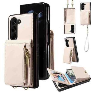 For Samsung Galaxy Z Fold5 5G Crossbody Lanyard Zipper Wallet Leather Phone Case(Beige)