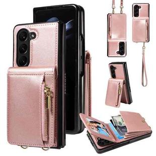 For Samsung Galaxy Z Fold5 5G Crossbody Lanyard Zipper Wallet Leather Phone Case(Rose Gold)
