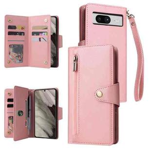 For Google Pixel 8 Rivet Buckle 9 Cards Three Fold Leather Phone Case(Rose Gold)