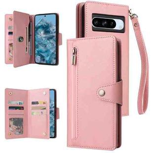 For Google Pixel 8a Rivet Buckle 9 Cards Three Fold Leather Phone Case(Rose Gold)