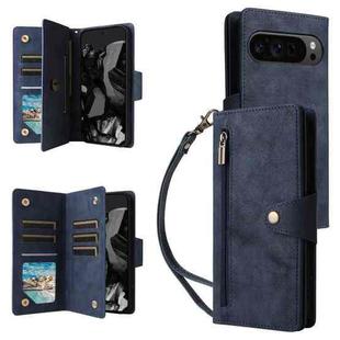 For Google Pixel 9 Pro Rivet Buckle 9 Cards Three Fold Leather Phone Case(Blue)